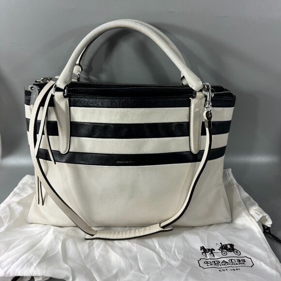 Authentic Coach # 30354 Broug BR Stripe Black/White Leather Sachel/Shoulder Bag - Picture 2 of 14